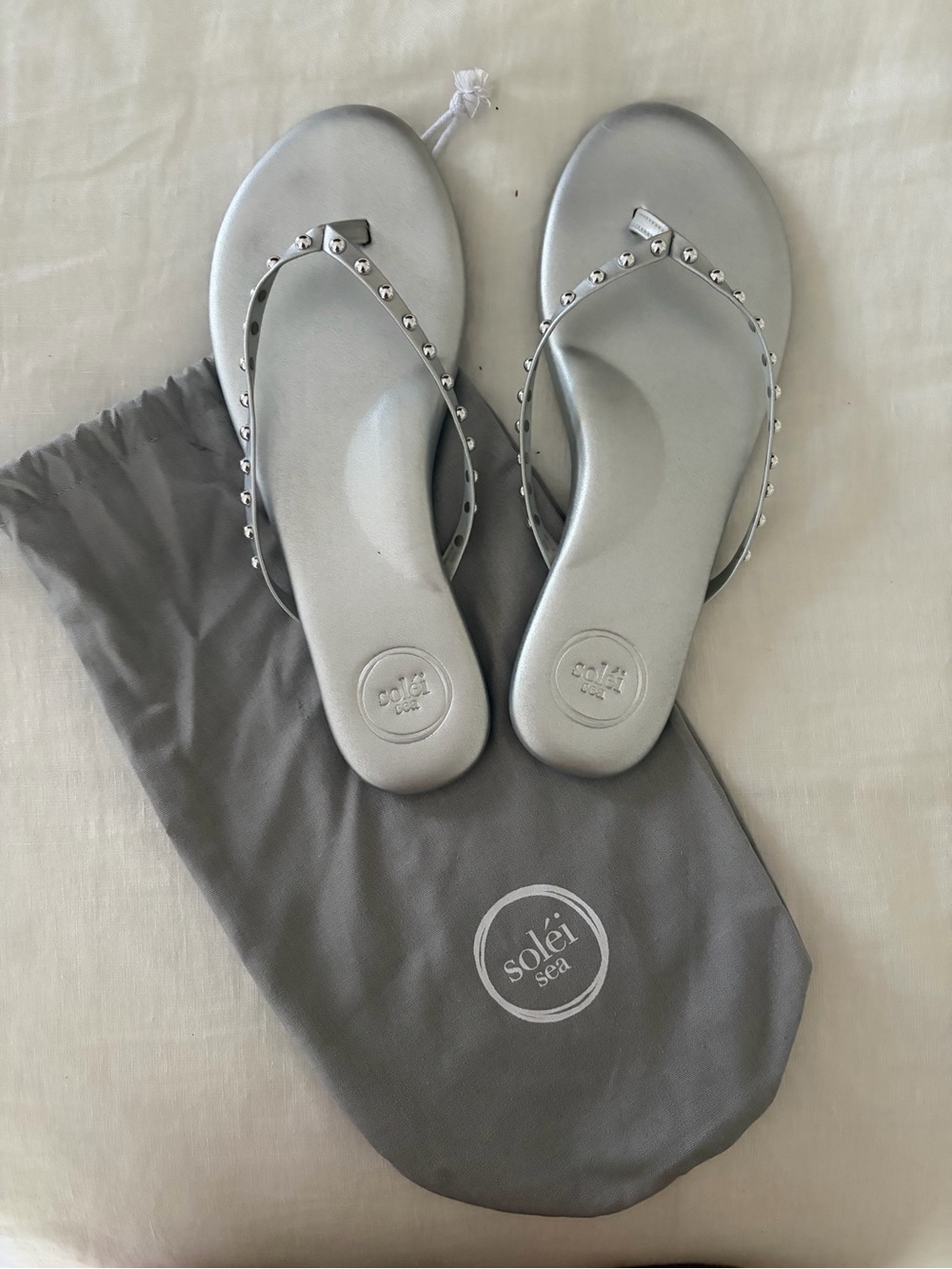 Solei Sea Metallic Silver Studded Flip-Flop Sandals